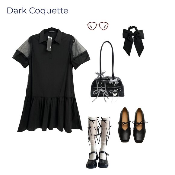 Dropwaist Mesh Sleeve Shirt Mini Dress - Black - POCKETS - Picture 2 of 15